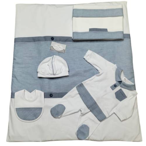 White and light blue cotton 1 month newborn boy set Ninnaoh