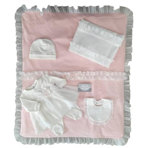 Coordinato nascita in cotone neonata bianco e rosa