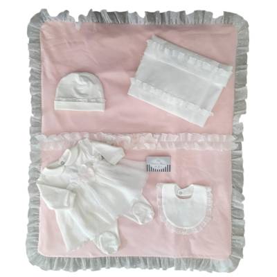 Coordinato nascita in cotone neonata bianco e rosa