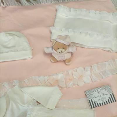 Coordinato nascita in cotone neonata bianco e rosa