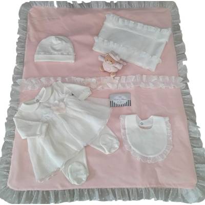 Coordinato nascita in cotone neonata bianco e rosa