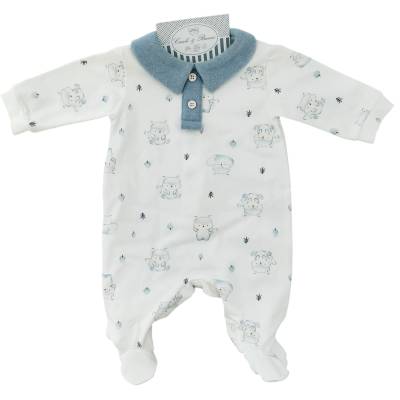 Fato de dormir em chenille para bebé recém-nascido gi 1 mês branco e detalhes azuis claros