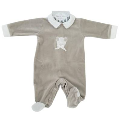 Fato de dormir em chenille para bebé recém-nascido Minù 3 meses com babete branco azul cinzento