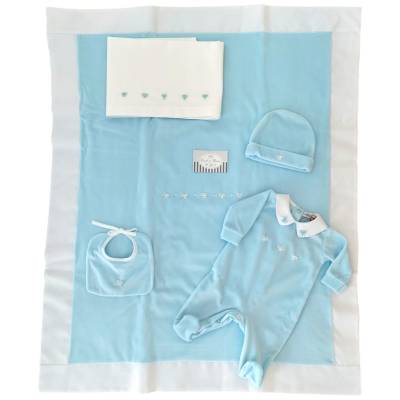Cálido conjunto para bebé niño de algodón azul claro con detalles plateados 1 mes Petit