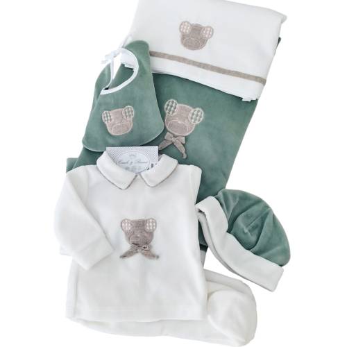 Corsage en chenille vert crème gris tourterelle