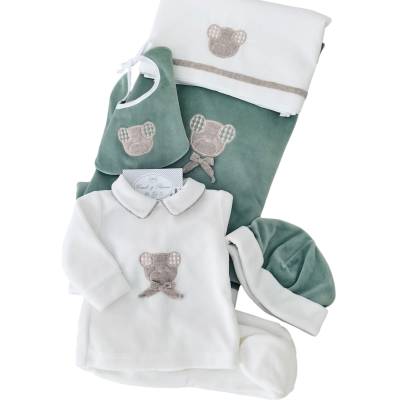 Corsage en chenille vert crème gris tourterelle