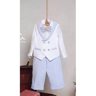 Completo elegante bambino Battesimo panna celeste tortora