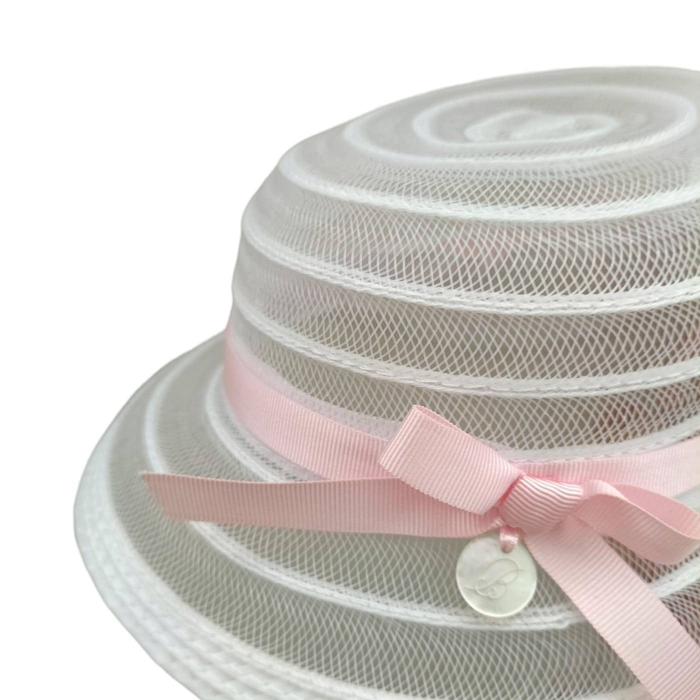 Cappellino bambina neonata effetto paglia bianco e rosa paglietta