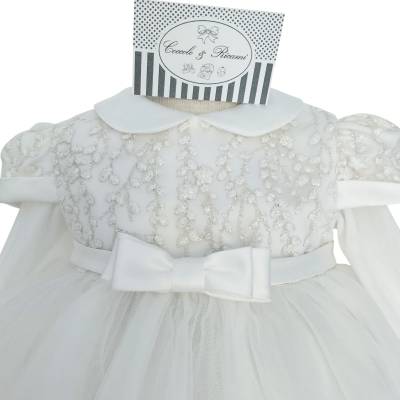 Vestido de batizado para bebé menina 12 meses com faixa rosa e branca