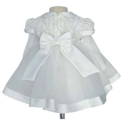 Vestido de batizado para bebé menina 12 meses com faixa rosa e branca