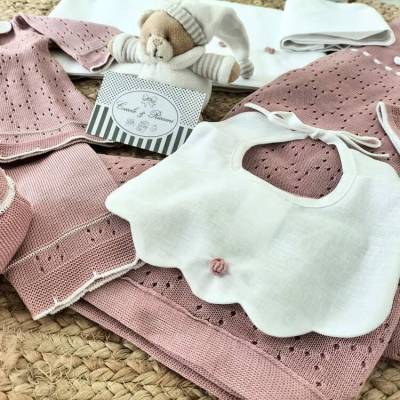 Corredino neonata in filo di cotone rosa cipolla e bianco
