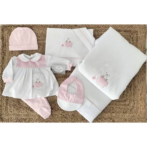Coordinato nascita in cotone neonata bianco e rosa