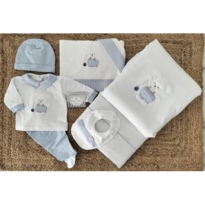 Ensemble garçon 1 mois en coton blanc et bleu clair Ninnaoh