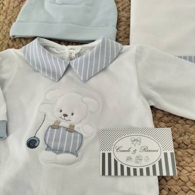 White and light blue cotton 1 month newborn boy set Ninnaoh