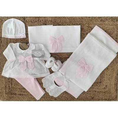 Corredino nascita bambina in filo cotone bianco e rosa
