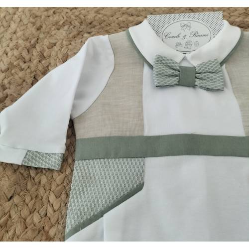 Tutina neonato in cotone color lino e verde salvia 2