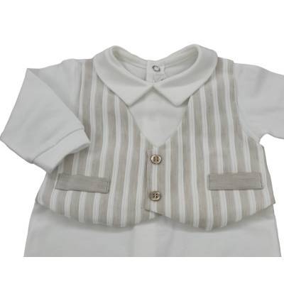 Tutina nascita con cuffietta maschietto cotone panna beige 1 mese finto gilet a righe - 
