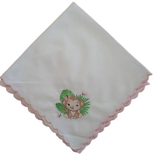 Quadrato in cotone baby mussolina bianca neonata con scimmietta safari ricamata - 