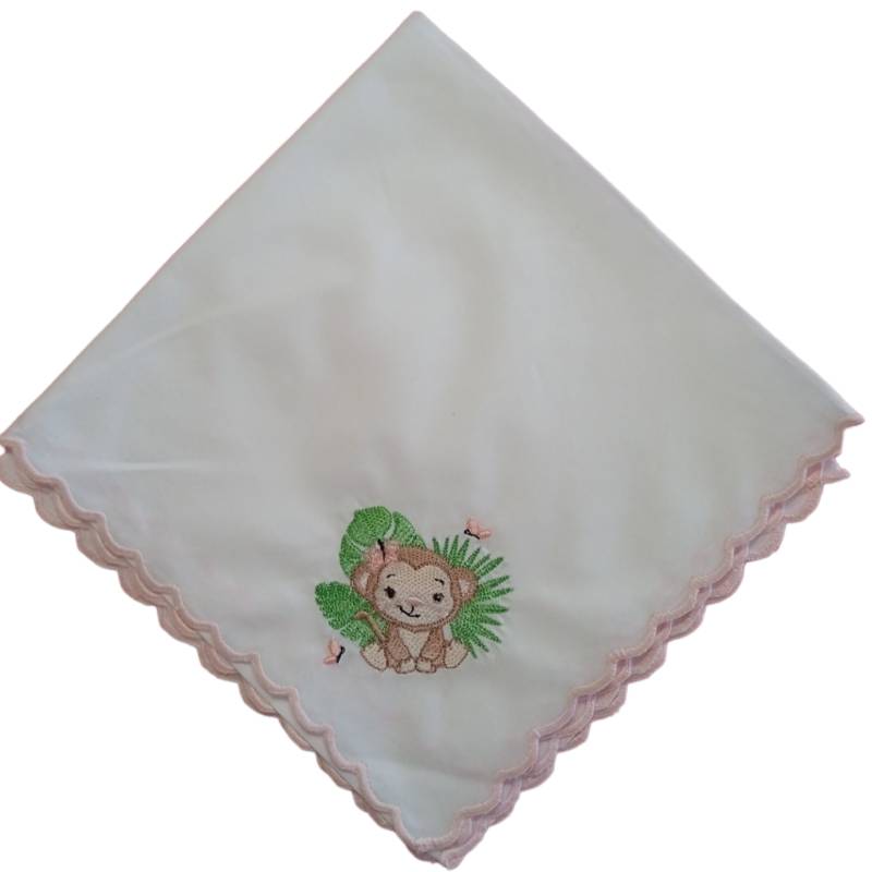 Square white cotton baby muslin with embroidered safari monkey -