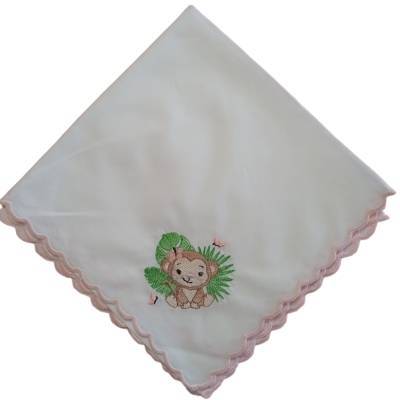 Mousseline carrée en coton blanc avec singe safari brodé - 