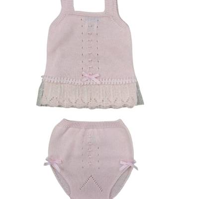Completo smanicato rosa in filo di cotone 3 mesi - 