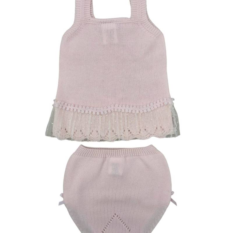 Completo smanicato rosa in filo di cotone 3 mesi - 
