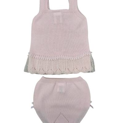 Completo smanicato rosa in filo di cotone 3 mesi - 