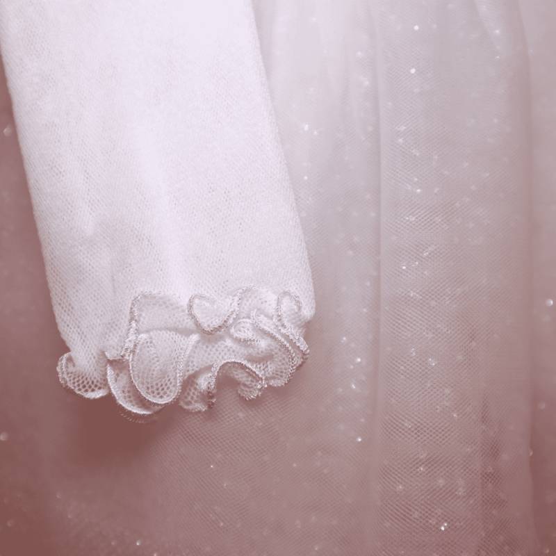 Robe de baptême en tulle blanc et rose pailleté avec bandeau
