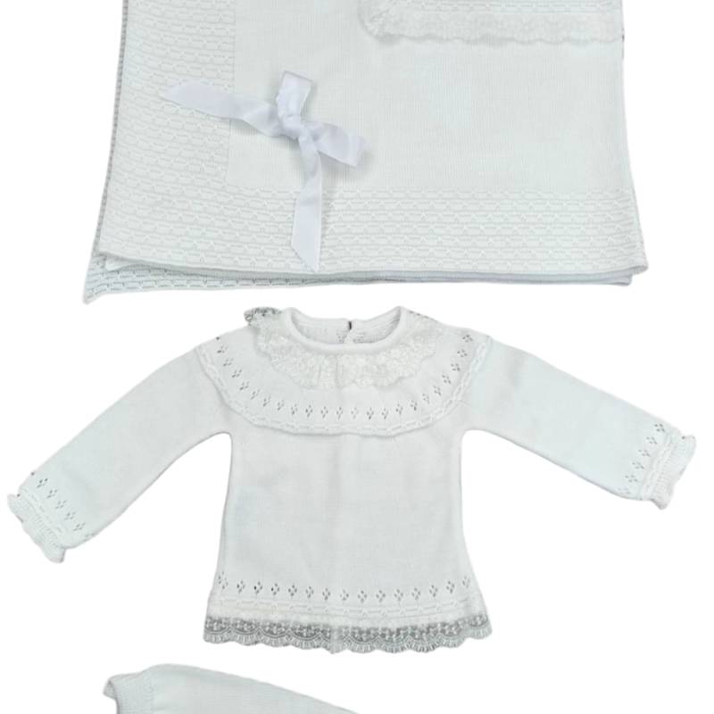 Canastilla para recién nacida - Manta y funda unisex de hilo de algodón blanco - Vendita Abbigliamento Neonato