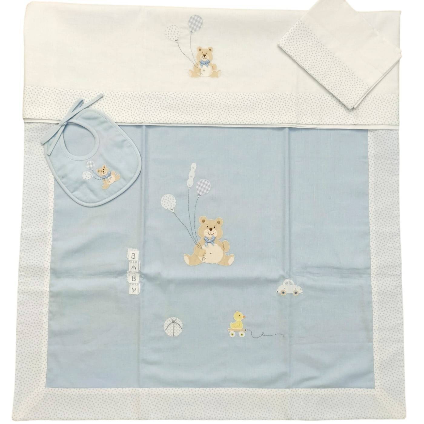 Copertina celeste e lenzuolino neonato in applique ricamato a mano