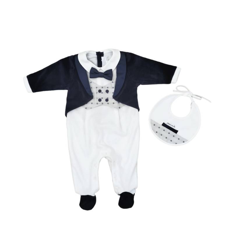 Neugeborenes Baby Chenille Schlafanzug Minù 3 Monate mit weiß blau grau Lätzchen - 