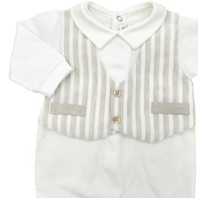 Tutina nascita con cuffietta maschietto cotone panna beige 1 mese finto gilet a righe - 