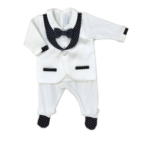Newborn baby outfit Minù in white and blue chenille -  2