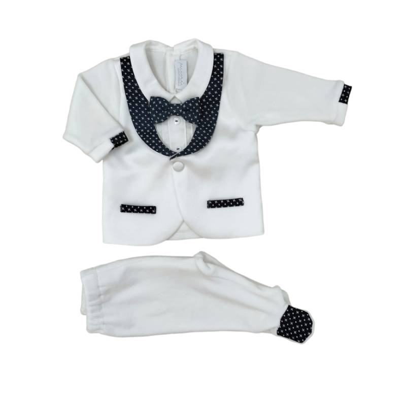 Neugeborenes Baby-Outfit Minù aus weißer und blauer Chenille - 
