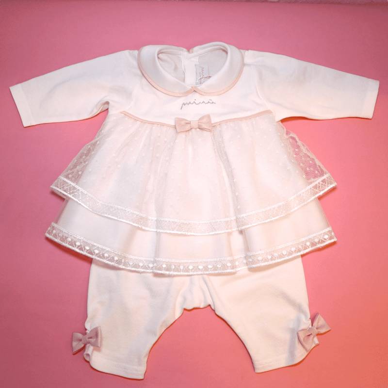 Coordinato nascita in cotone bambina elegante con merletto coprifasce misura 1 mese Minù - 