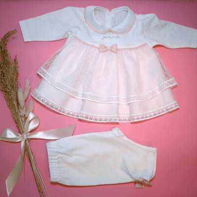Coordinato nascita in cotone bambina elegante con merletto coprifasce misura 1 mese Minù - 