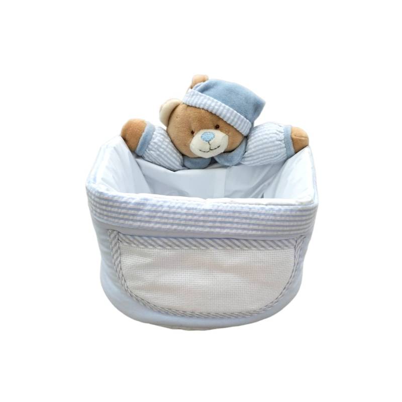 Cestino porta oggetti neonato celeste plastificato ricamabile con orsetto - 