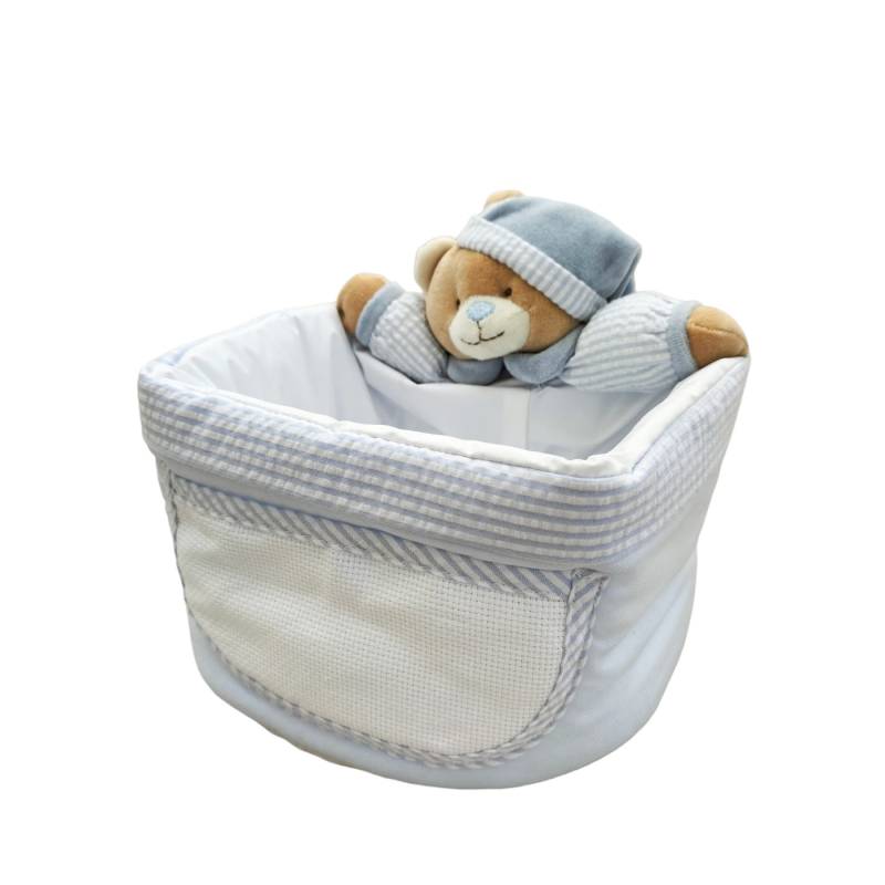 Cesto de bebé bordado revestido a plástico com ursinho de peluche - 