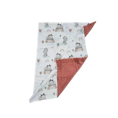 Minky baby blanket in marsala and neutral patterned cotton -  2