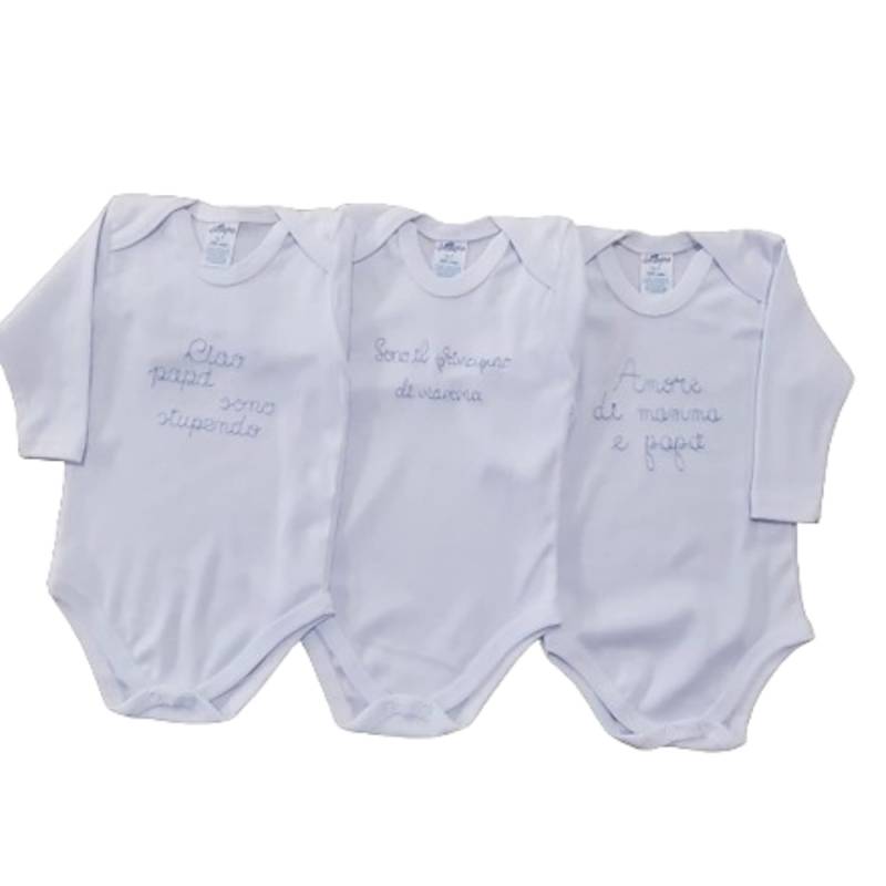 Body para recién nacido - Body recién nacido tripac en 100% algodón de color blanco con bordado azul claro - Vendita Abb