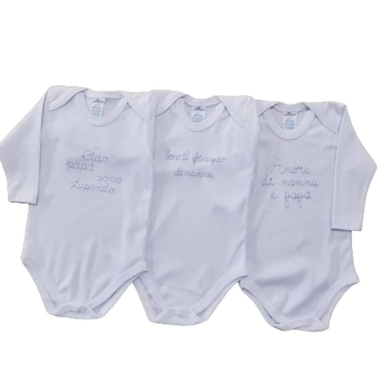 Newborn baby bodysuit tripac in 100% cotton in white with light blue embroidery - 