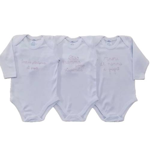 Babybody tripac aus 100% weißer Baumwolle mit rosa Stickerei - 