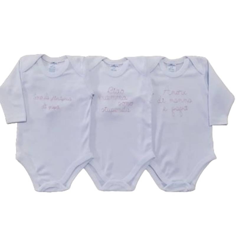 Baby bodysuit tripac in 100% white cottne embroidered pink - 