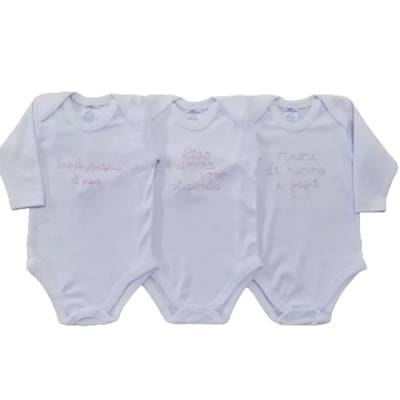 Babybody tripac aus 100% weißer Baumwolle mit rosa Stickerei - 