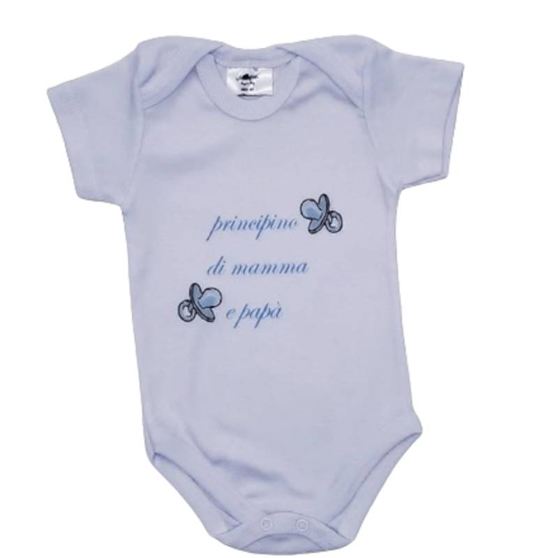 Body neonato - Body neonato in cotone a mezza manica stampato con ciucci celeste - Vendita Abbigliamento Neonato