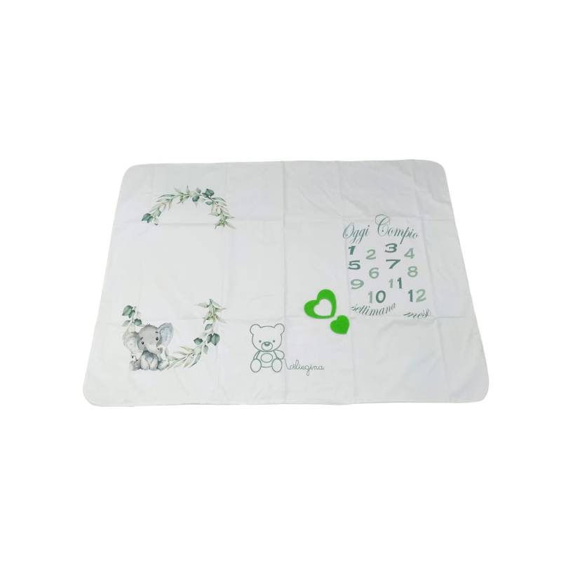 Manta de bebé recém-nascido com fundo branco e desenhos cinzentos e verdes - 