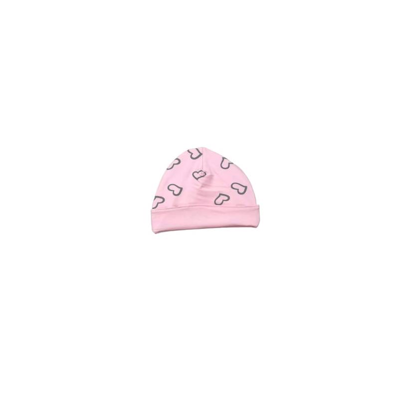 Cuffia neonata in cotone misura 3/6 mesi fondo rosa cuori grigi - 