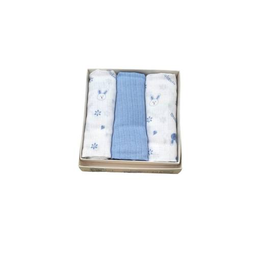 set de 3 carrés de gaze blanc et bleu clair pour nouveau-né - 