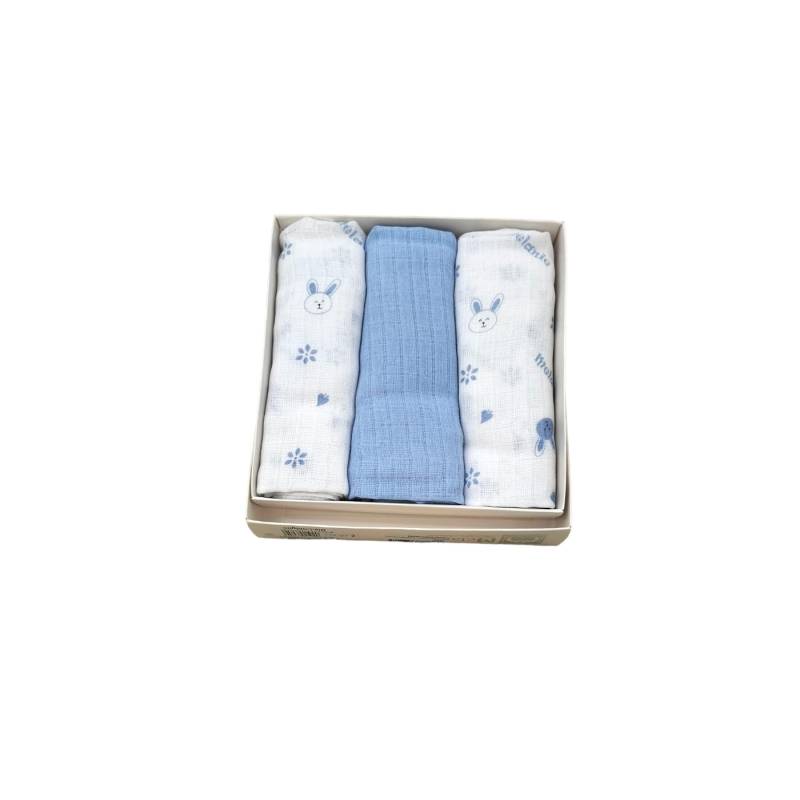 set of 3 white and light blue newborn gauze squares - 