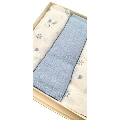 conjunto de 3 quadrados de gaze para recém-nascidos brancos e azuis claros -  2